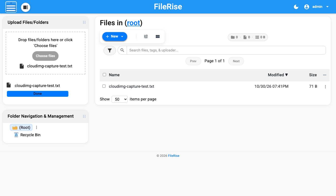 A file uploaded through the FileRise web interface