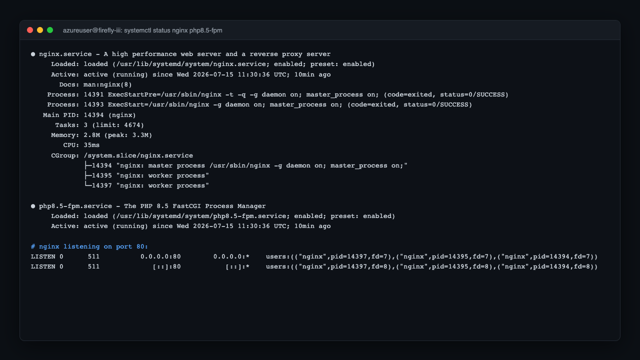 Service status and HTTP liveness on port 80