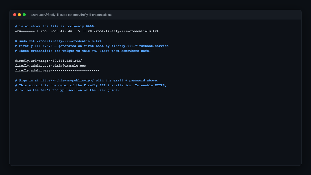 Per-VM credentials, root-only and masked