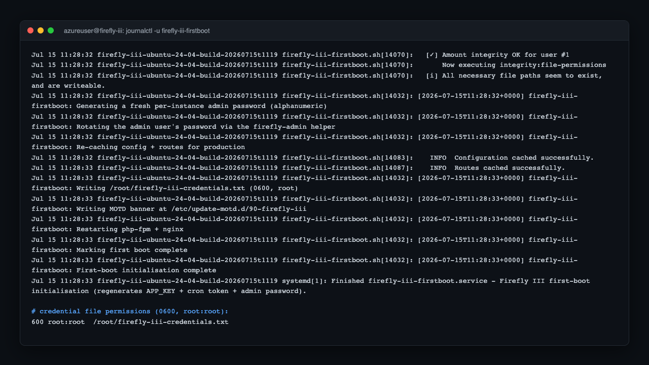 First-boot rotation and credential file permissions