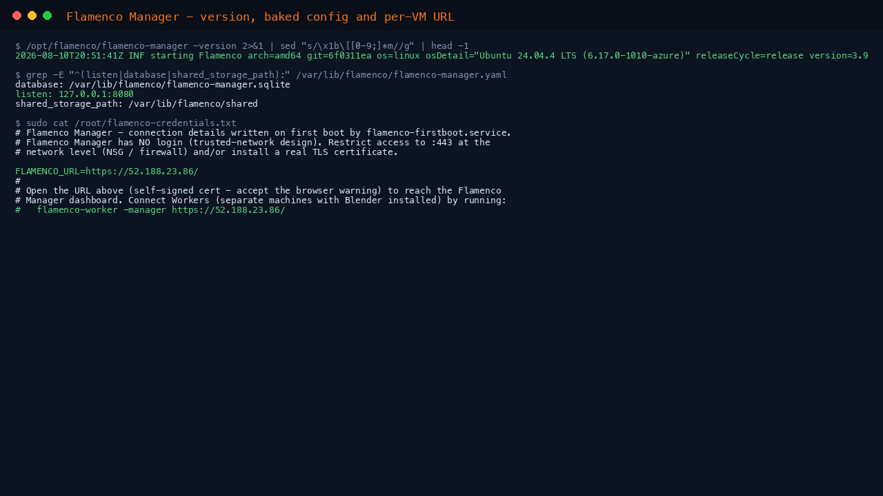 The Flamenco Manager version, the listen address and storage paths from flamenco-manager.yaml, and the per-VM connection URL