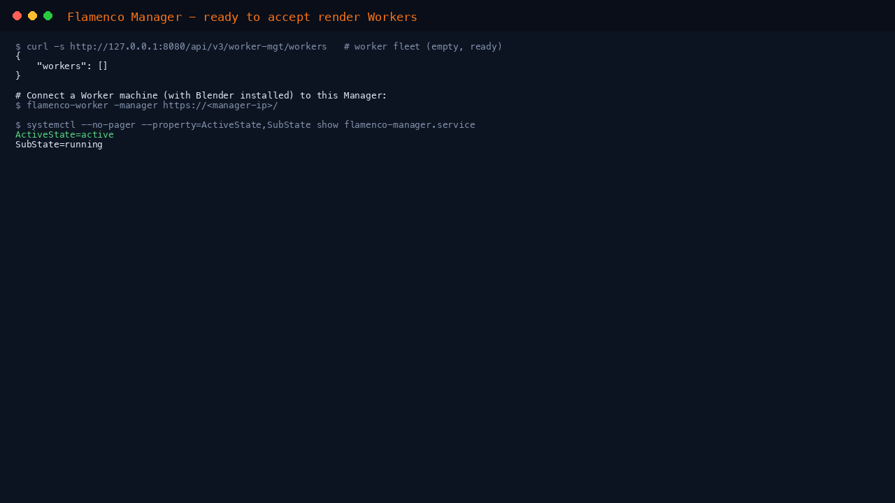 The Flamenco Manager ready to accept render workers, with the empty worker fleet from the API and the Manager service active
