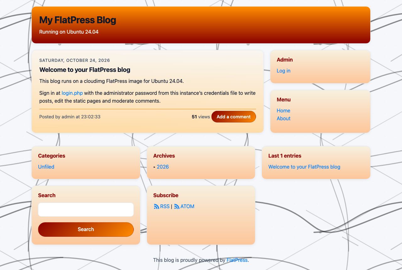 The FlatPress blog in the Leggero theme with the Welcome to your FlatPress blog post and the Admin, Menu, Categories, Archives, Last entries, Search and Subscribe widgets