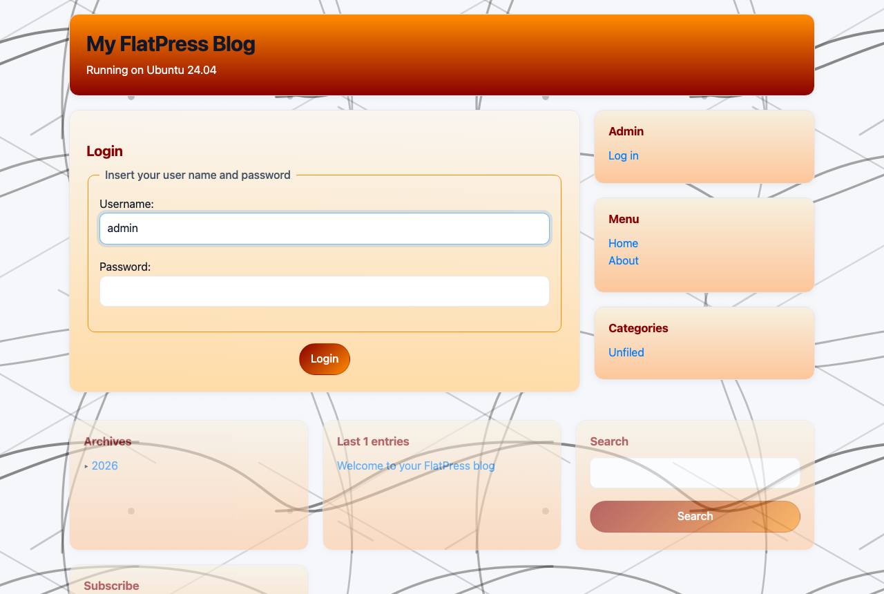 The FlatPress login form with the Username and Password fields and the Login button