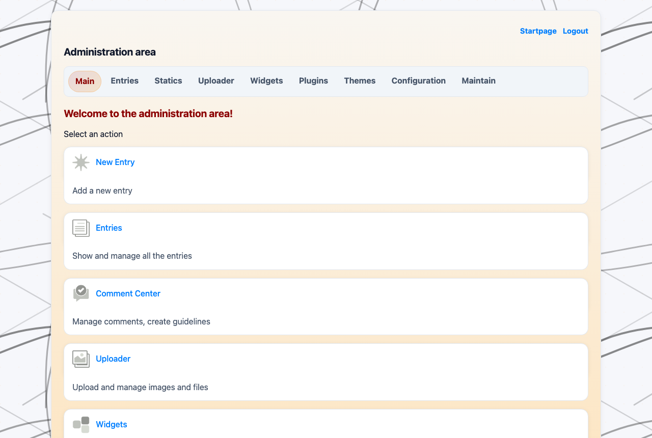 The FlatPress administration area with the Main, Entries, Statics, Uploader, Widgets, Plugins, Themes, Configuration and Maintain tabs and the New Entry, Entries, Comment Center and Uploader actions