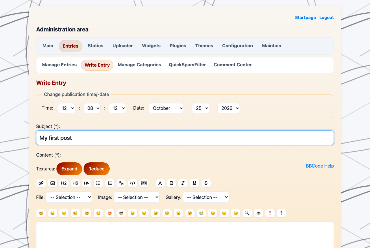 The FlatPress Write Entry form with the publication date, the subject My first post, the BBCode toolbar and the File, Image and Gallery pickers