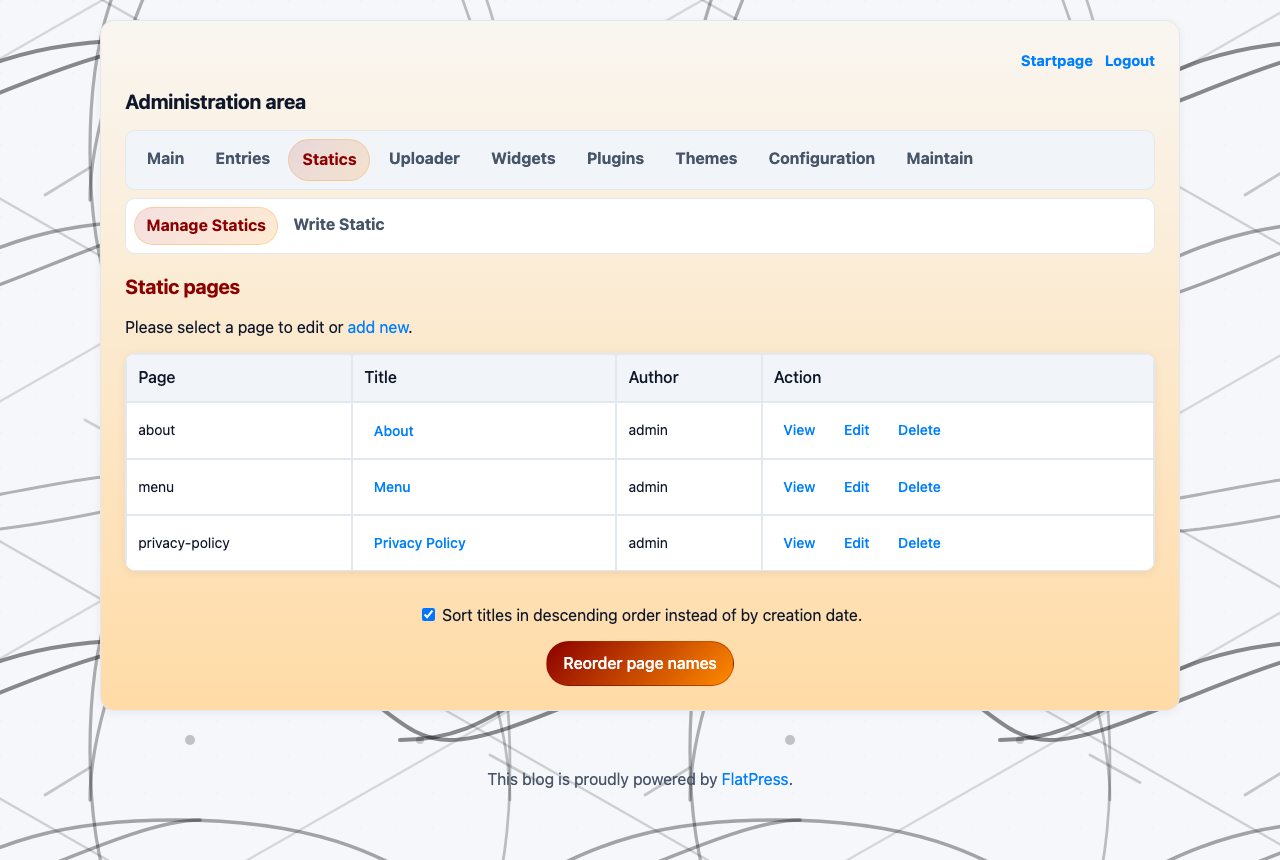 The FlatPress Statics tab listing the About, Menu and Privacy Policy static pages