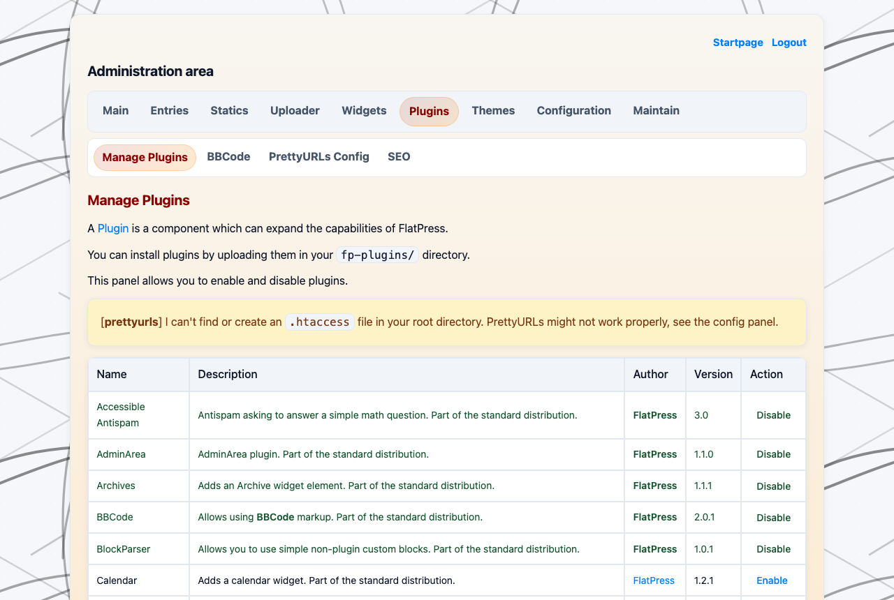 The FlatPress Plugins tab listing the standard plugins with their Disable and Enable actions