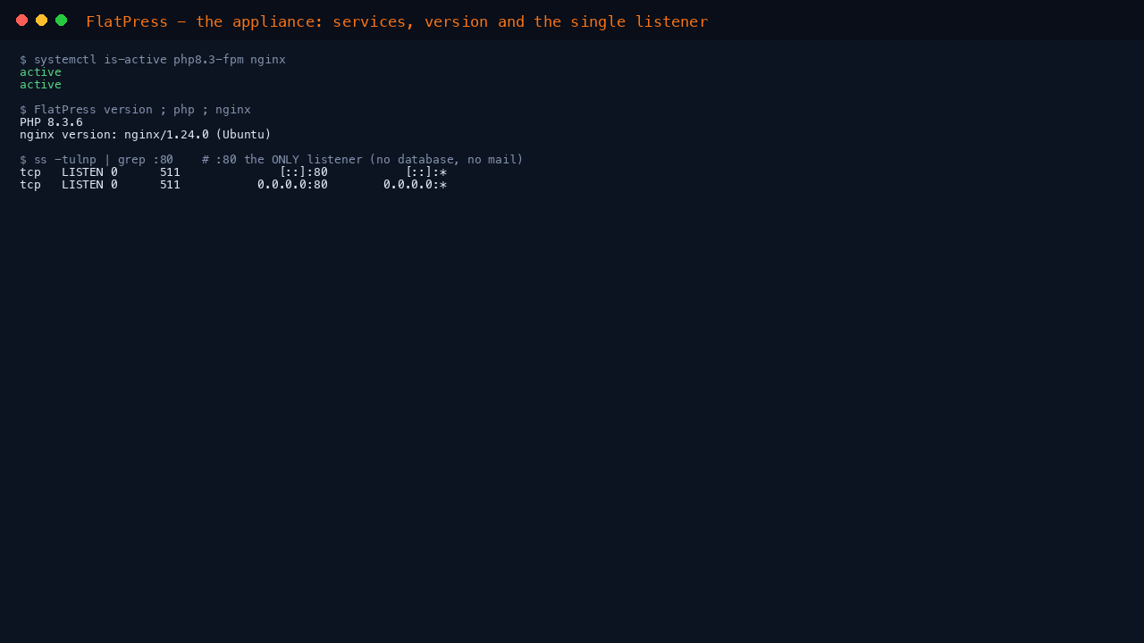 Both services report active, PHP 8.3 and nginx report their versions, and ss shows the web application on port 80 as the only listener — no database, no mail