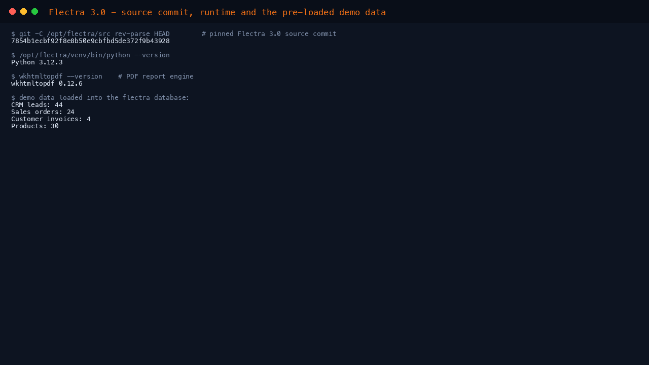 The pinned Flectra 3.0 source commit, the Python runtime, the wkhtmltopdf PDF engine and the counts of pre loaded demo CRM leads, sales orders, customer invoices and products