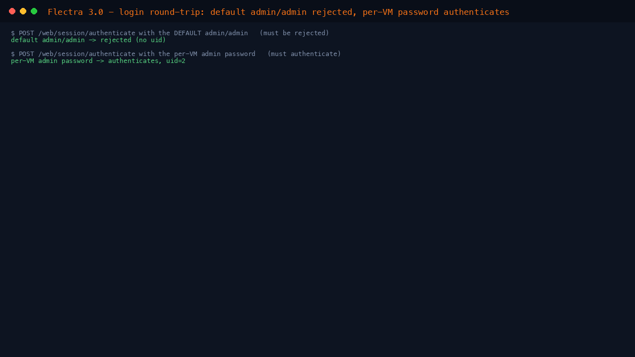 The Flectra login round trip proof: the default admin/admin credential is rejected with no user id, and the per VM admin password authenticates and returns a valid user id