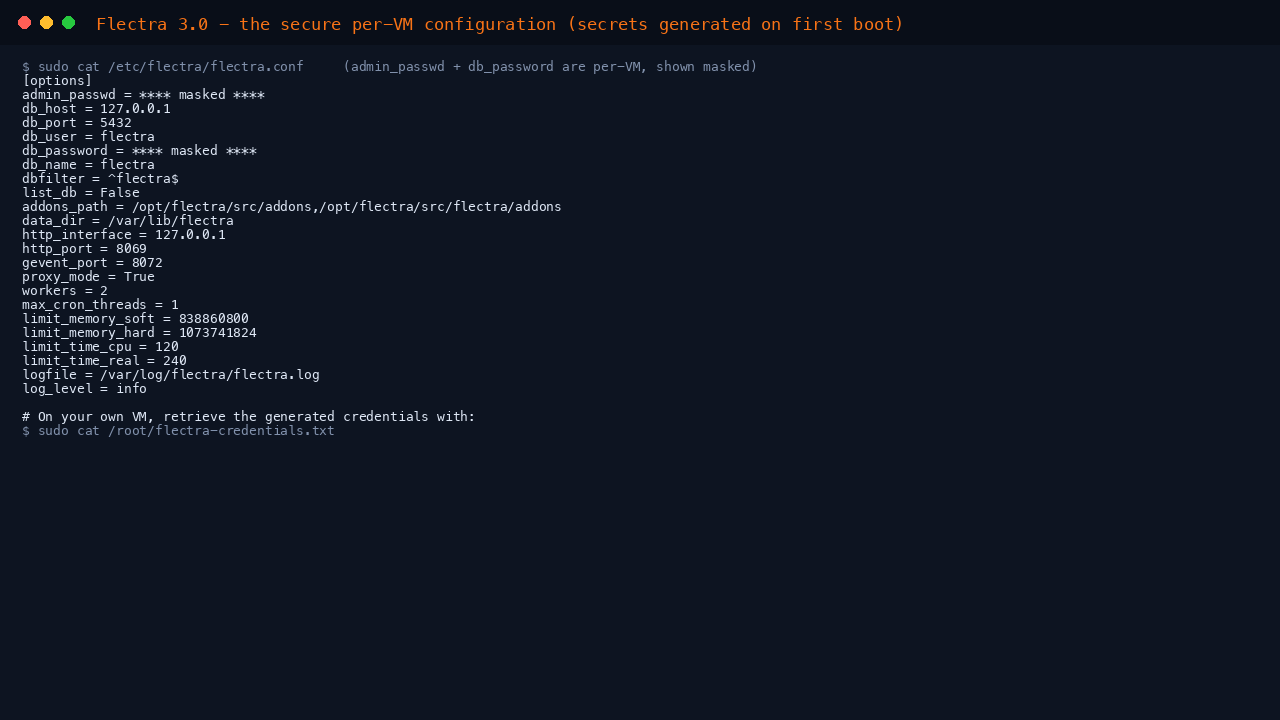 The secure per VM Flectra configuration showing proxy_mode, list_db disabled and the admin_passwd and db_password masked because they are generated per VM on first boot