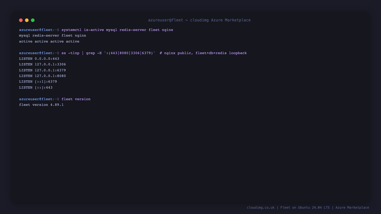 Fleet, MySQL, Redis and nginx active, the loopback listeners for Fleet, MySQL and Redis, nginx on 443, and the Fleet version