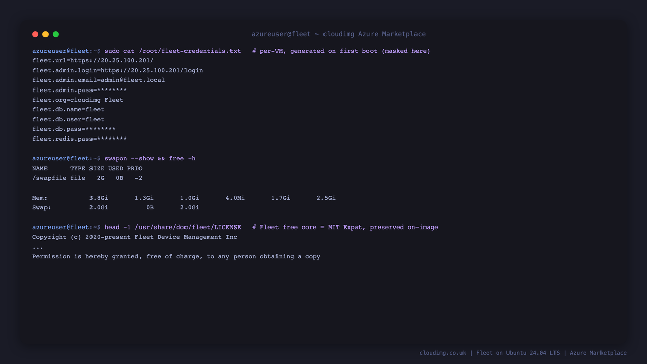 The per-VM Fleet credentials file with the admin, database and Redis passwords masked, alongside the swapfile and the preserved MIT LICENSE