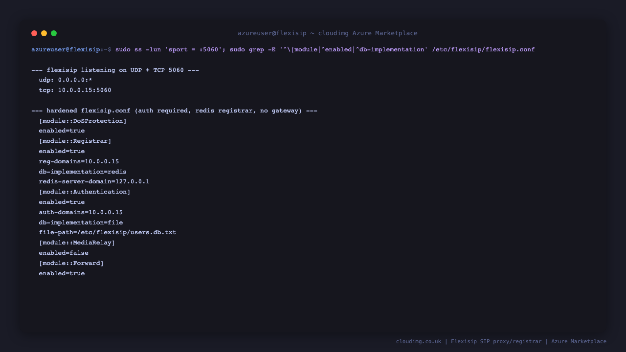 The hardened flexisip.conf showing module Authentication enabled with a file backed user database, module Registrar using a loopback Redis backend, module MediaRelay disabled, and the SIP domain set to the VM address, with Flexisip listening on UDP and TCP port 5060
