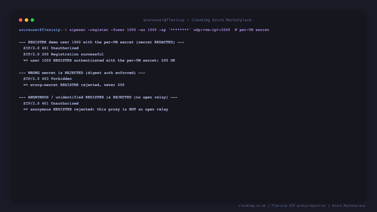 A SIP REGISTER as demo user 1000 using the per instance secret returning 200 OK, a wrong secret being rejected with 401, and an anonymous unidentified registration being refused, proving that digest authentication is enforced and the proxy is not an open relay