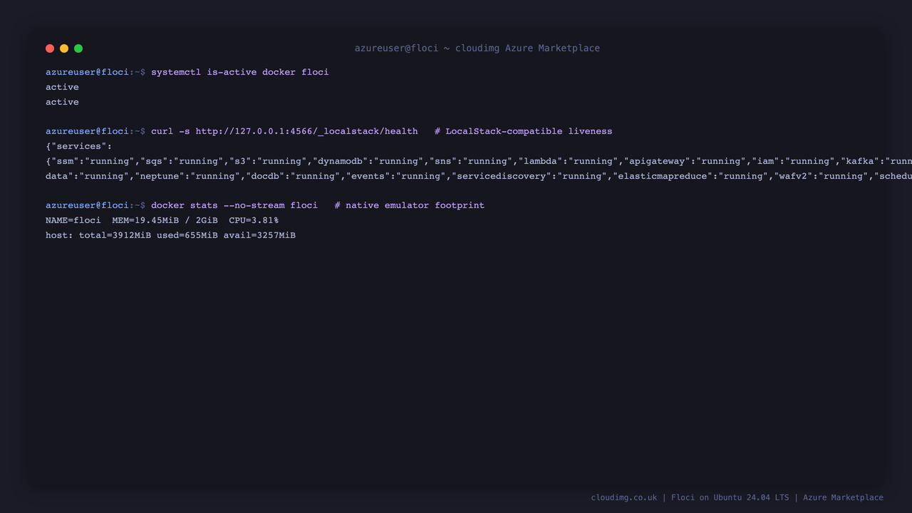 The Floci emulator healthy under systemd on Ubuntu 24.04, its LocalStack compatible health endpoint listing the running AWS services, and the native container idling at tens of MiB of memory