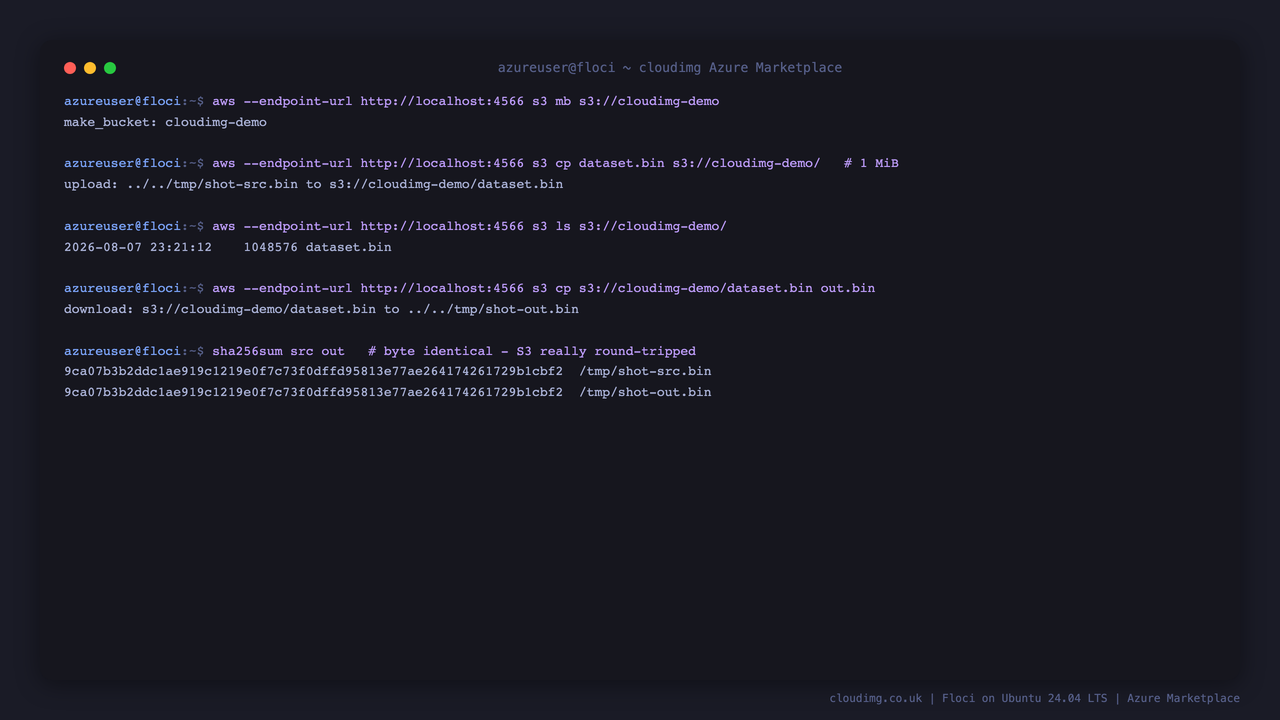 A real S3 round trip driven by the unmodified AWS CLI against Floci: a bucket created, a one MiB object uploaded, listed, downloaded again, and the source and downloaded SHA 256 checksums matching exactly