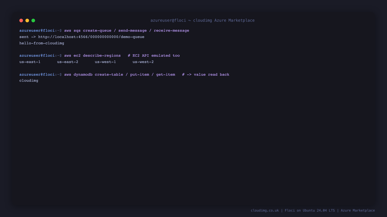 Several AWS services emulated by Floci at once: an SQS message sent and received, EC2 describe-regions returning region names, and a DynamoDB table storing and returning an item