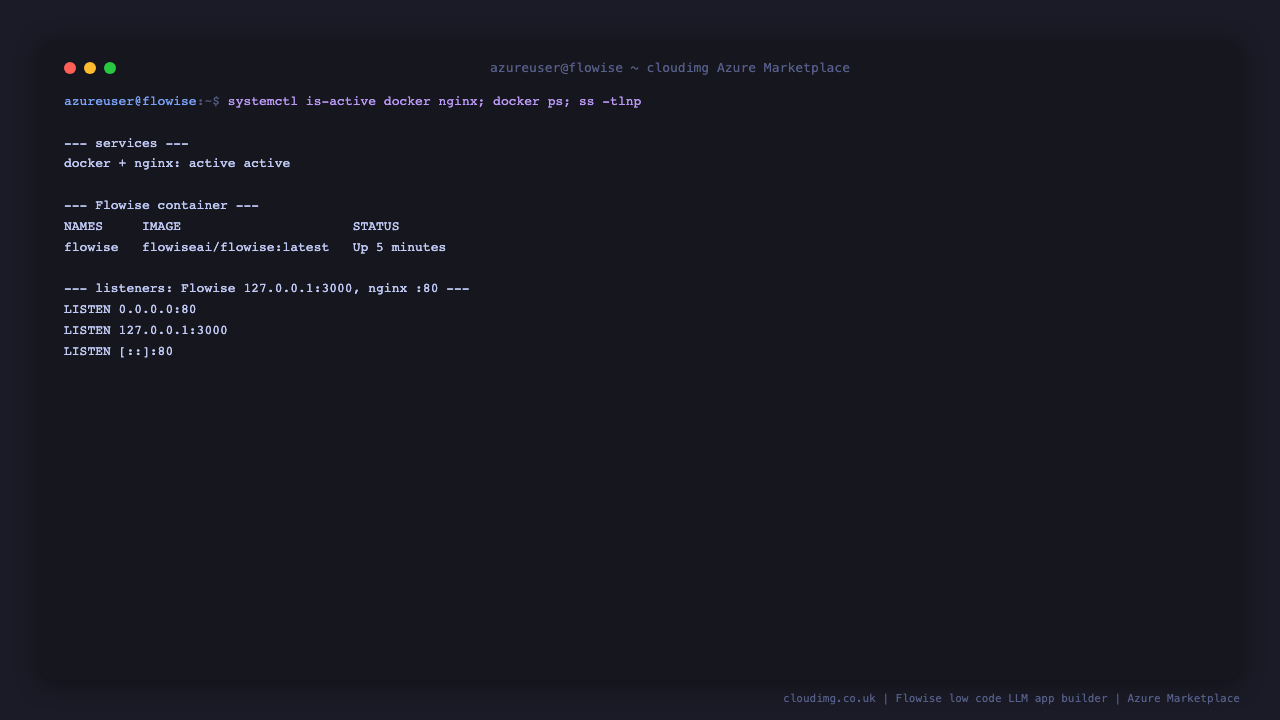 docker.service and nginx.service active, and the flowise container healthy on the loopback connector 3000