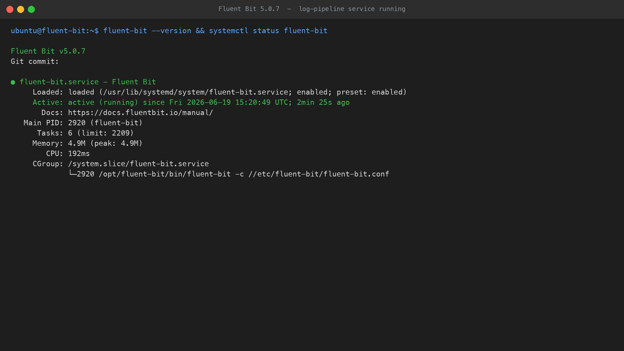 The preinstalled fluent-bit binary reporting version 5.0.7 and systemctl showing the fluent-bit service active and running the sample pipeline