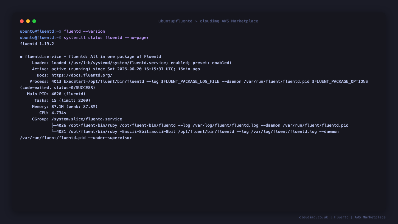 The preinstalled fluentd binary reporting version 1.19.2 and systemctl showing the fluentd service active and running the sample pipeline
