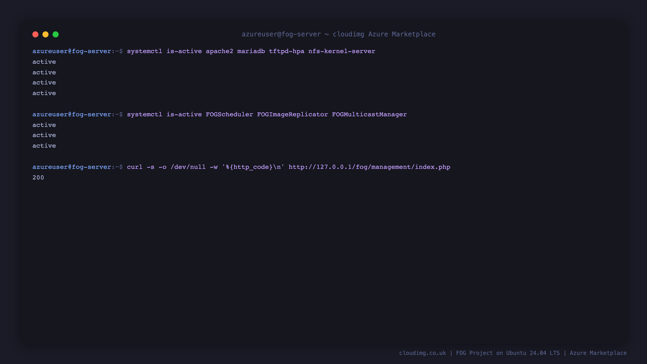 Terminal showing the FOG Project appliance services active and the web console answering with HTTP 200
