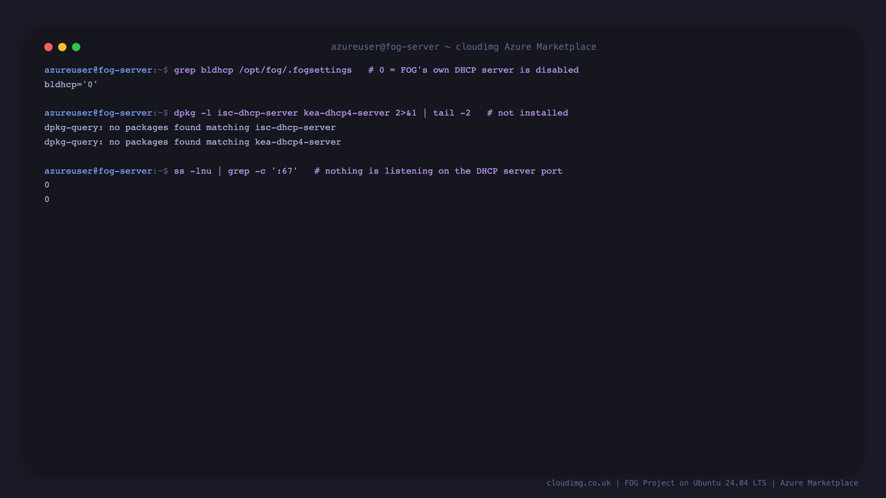 Terminal showing FOG's DHCP server disabled, no DHCP packages installed and nothing listening on port 67