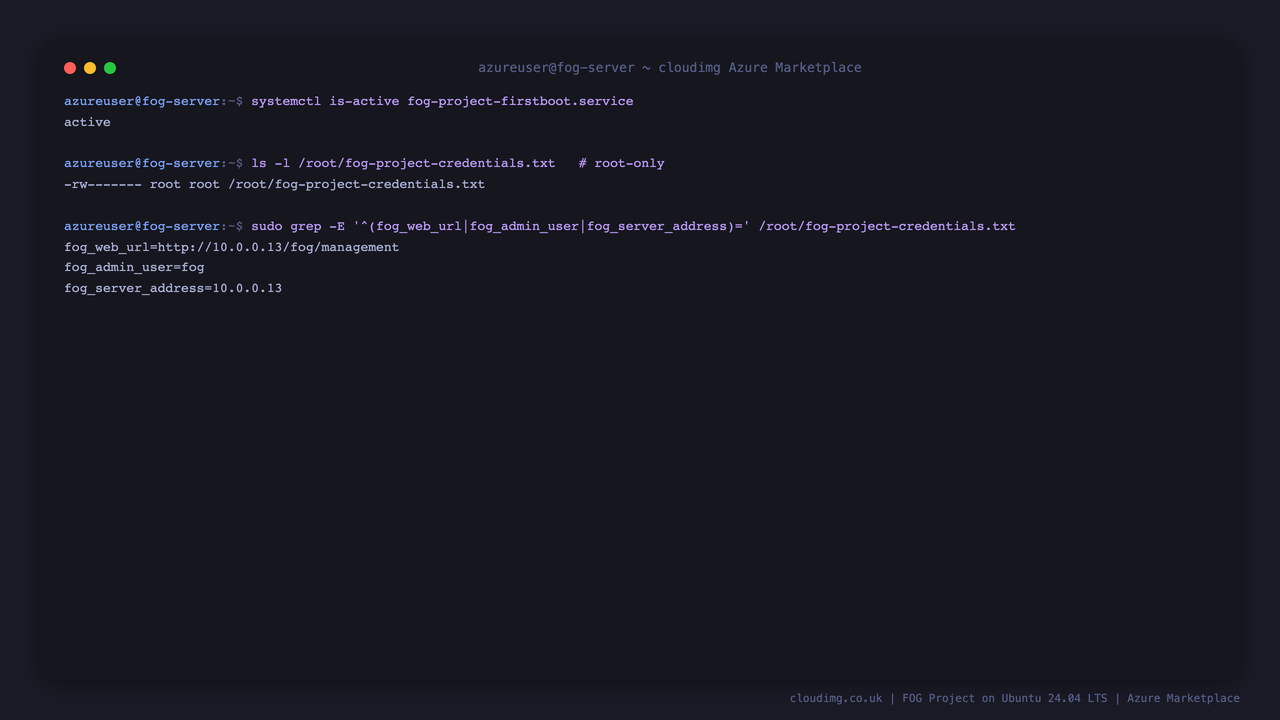 Terminal showing the first-boot service active and the root-only per-VM credentials file