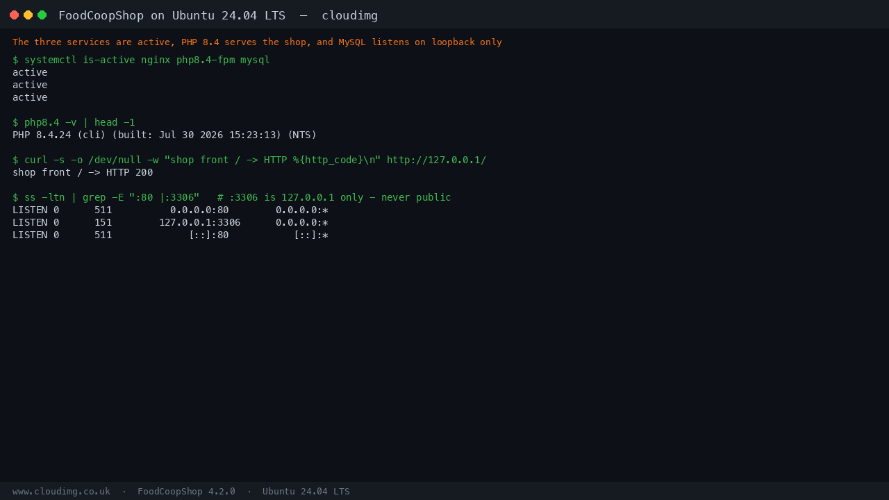Service status, PHP version and listening sockets