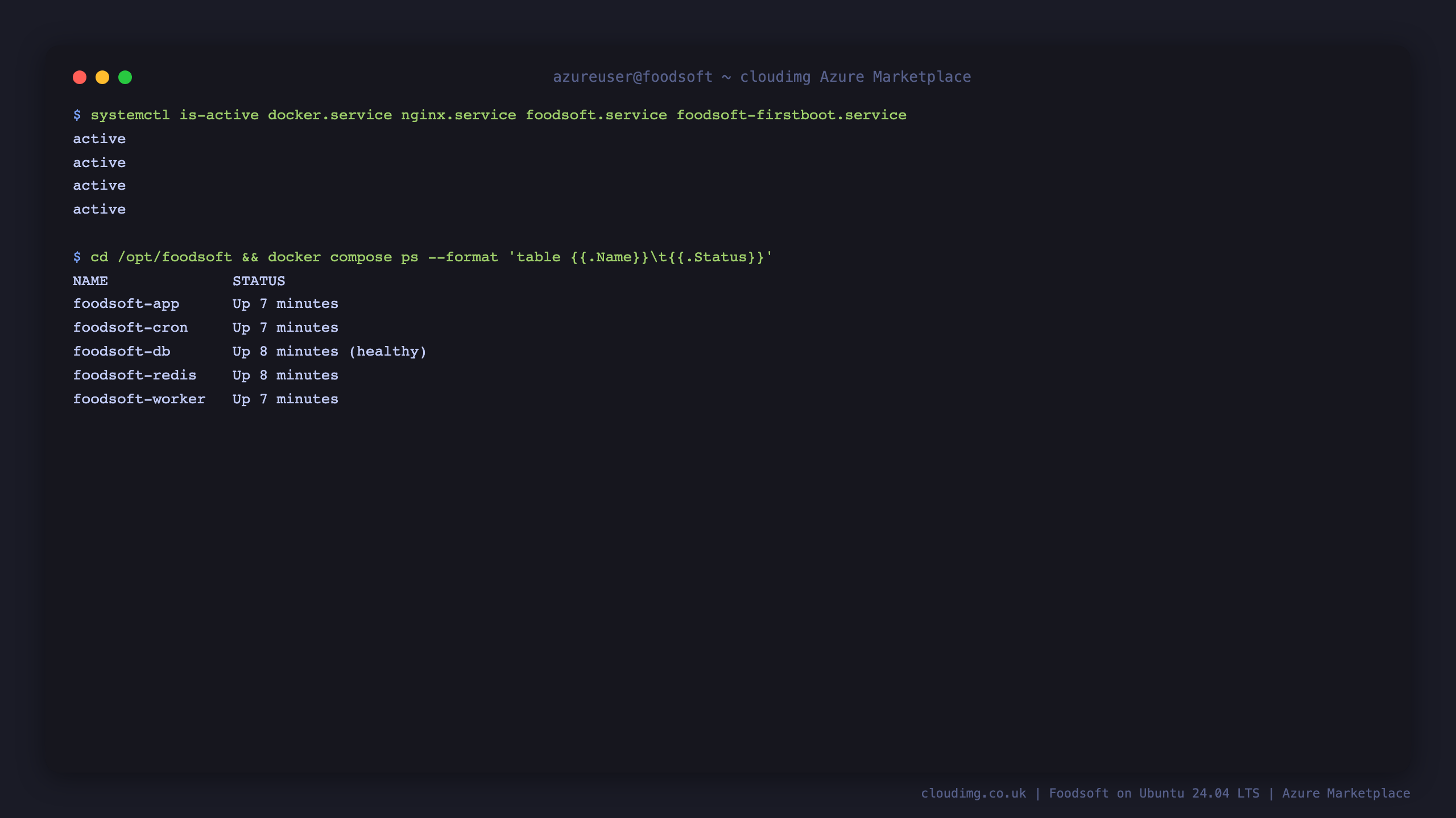 Docker, nginx and Foodsoft systemd services reporting active and the five Compose containers running