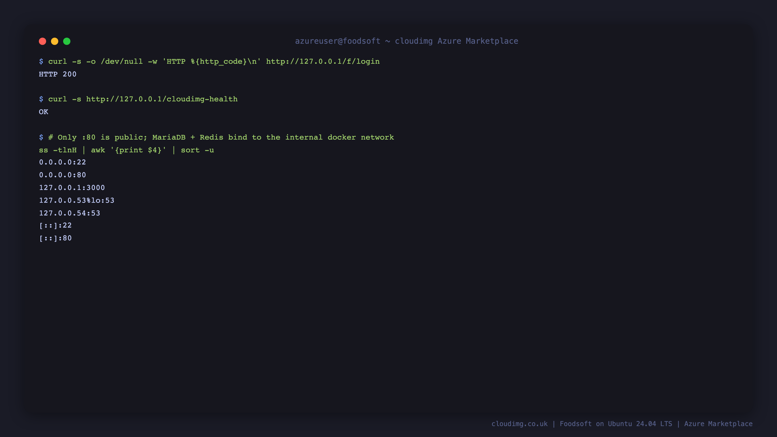 The login endpoint returns 200, the health check returns OK, and only port 80 and SSH are public