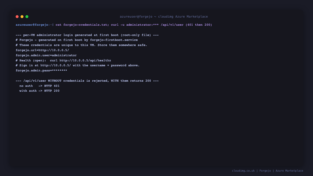 Per-VM credentials file and the API authentication round-trip