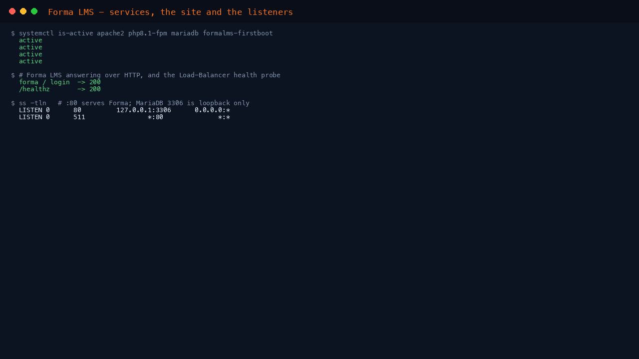 The apache2, php8.1-fpm, mariadb and formalms-firstboot services active, with Apache on port 80, the healthz probe returning 200 and MariaDB bound to loopback 127.0.0.1:3306