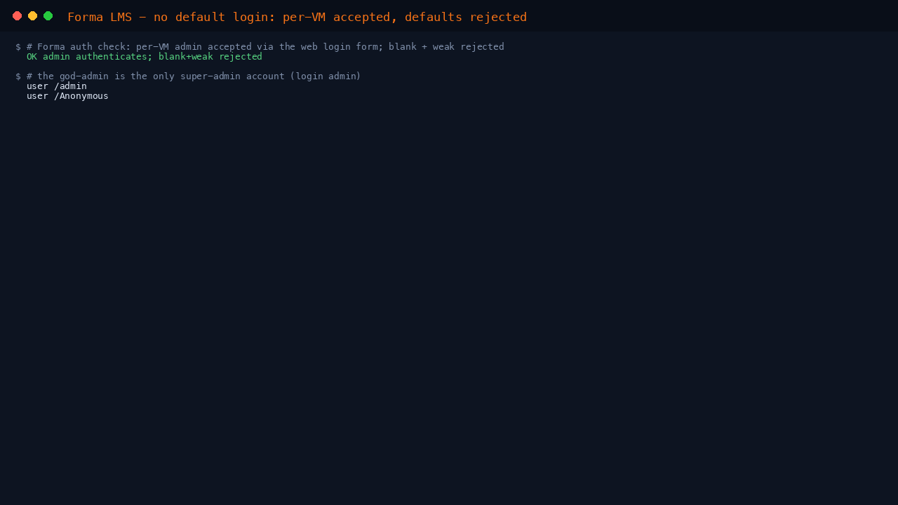 The credential round trip confirming the per VM admin authenticates via the Forma login form while blank and weak guesses are rejected, and the god admin as the only super administrator account
