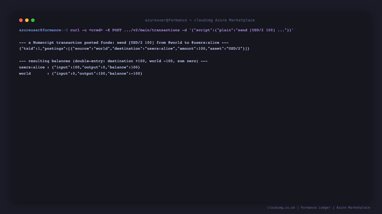 A Numscript transaction record showing the posting from world to users:alice, and the resulting double-entry balances of destination plus one hundred and world minus one hundred