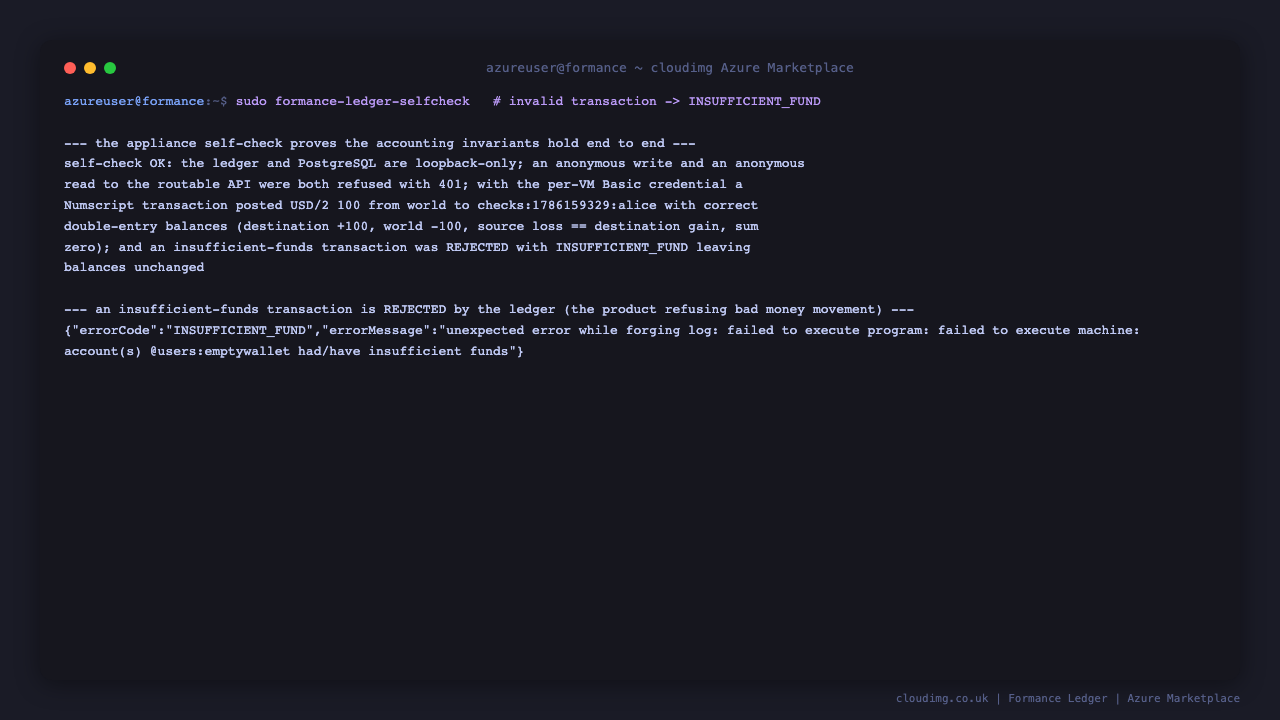 The appliance self-check reporting a healthy, deny-by-default ledger with correct double-entry, and a live insufficient-funds transaction rejected with the INSUFFICIENT_FUND error code