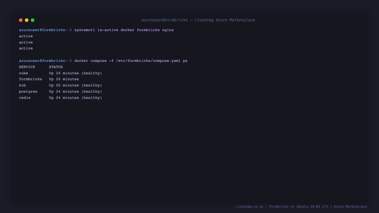 systemctl reporting docker, formbricks and nginx active, and the five containers (formbricks, postgres, redis, hub, cube) running and healthy under Docker Compose