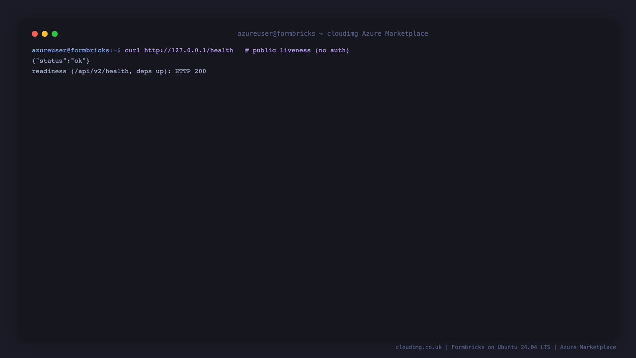 The public liveness endpoint reporting status ok, and the readiness endpoint returning HTTP 200 with the dependencies up