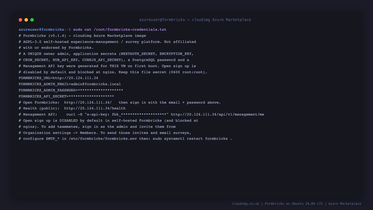 The per VM access notes, with the Formbricks URL, admin email, and the admin password and API key masked