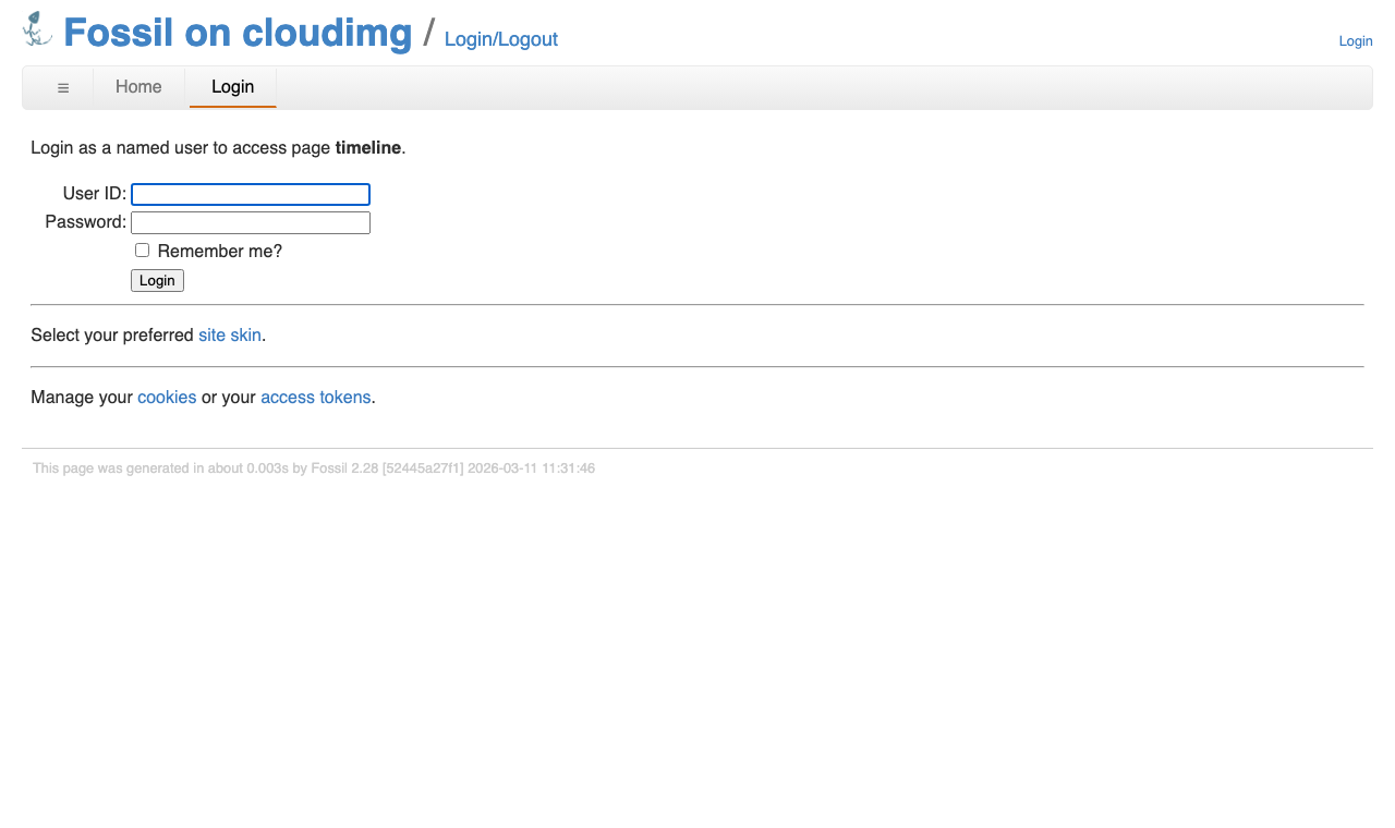 The Fossil login page asking a named user to sign in before the timeline is shown