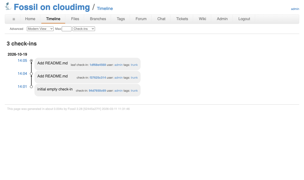 The Fossil timeline listing two Add README.md check-ins above the initial empty check-in on the trunk branch, signed in as admin
