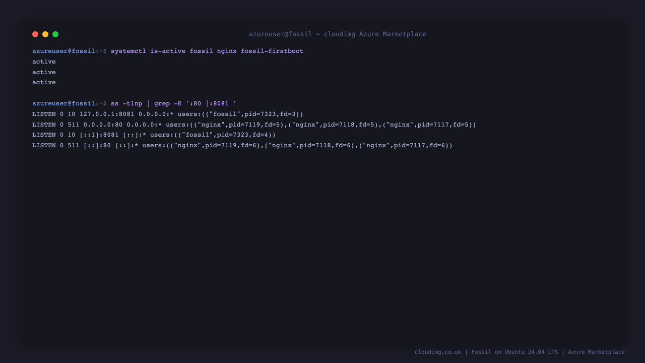 Fossil, nginx and the firstboot service all active, with nginx bound to public port 80 and Fossil bound to loopback 127.0.0.1:8081 only