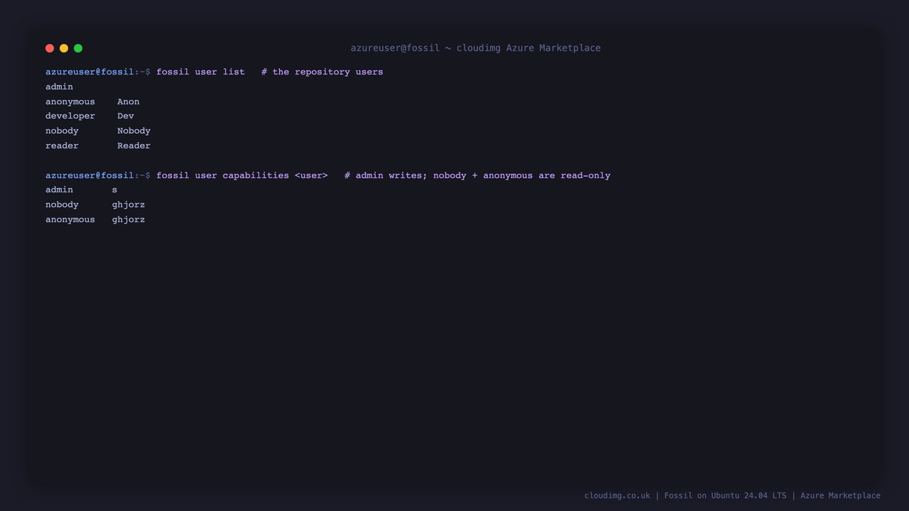 The Fossil repository users and their capabilities: admin holds the setup capability while nobody and anonymous are read only