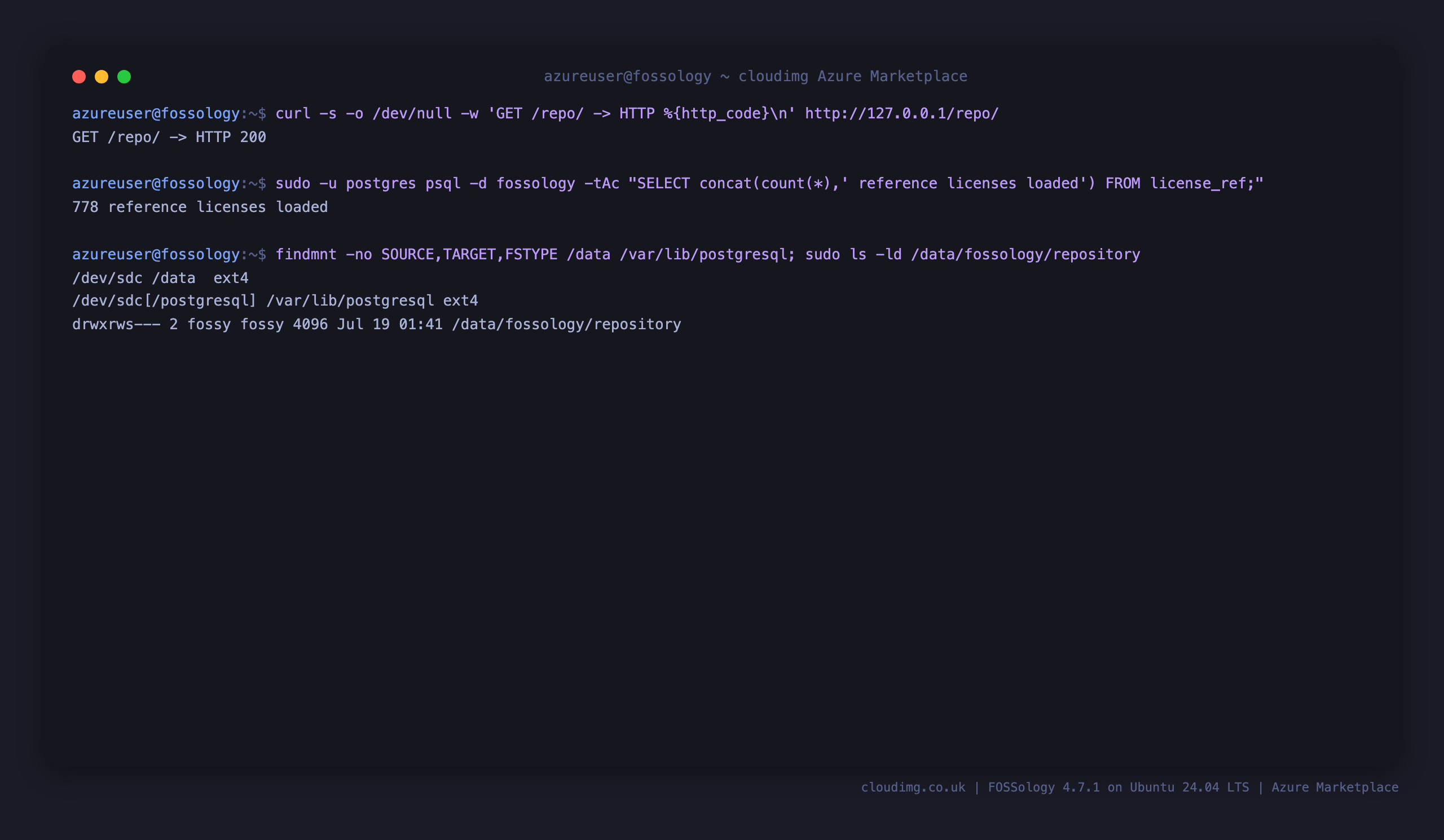 The FOSSology web interface returning HTTP 200, the reference license count, and the ext4 data disk mounted at /data and bind mounted onto /var/lib/postgresql