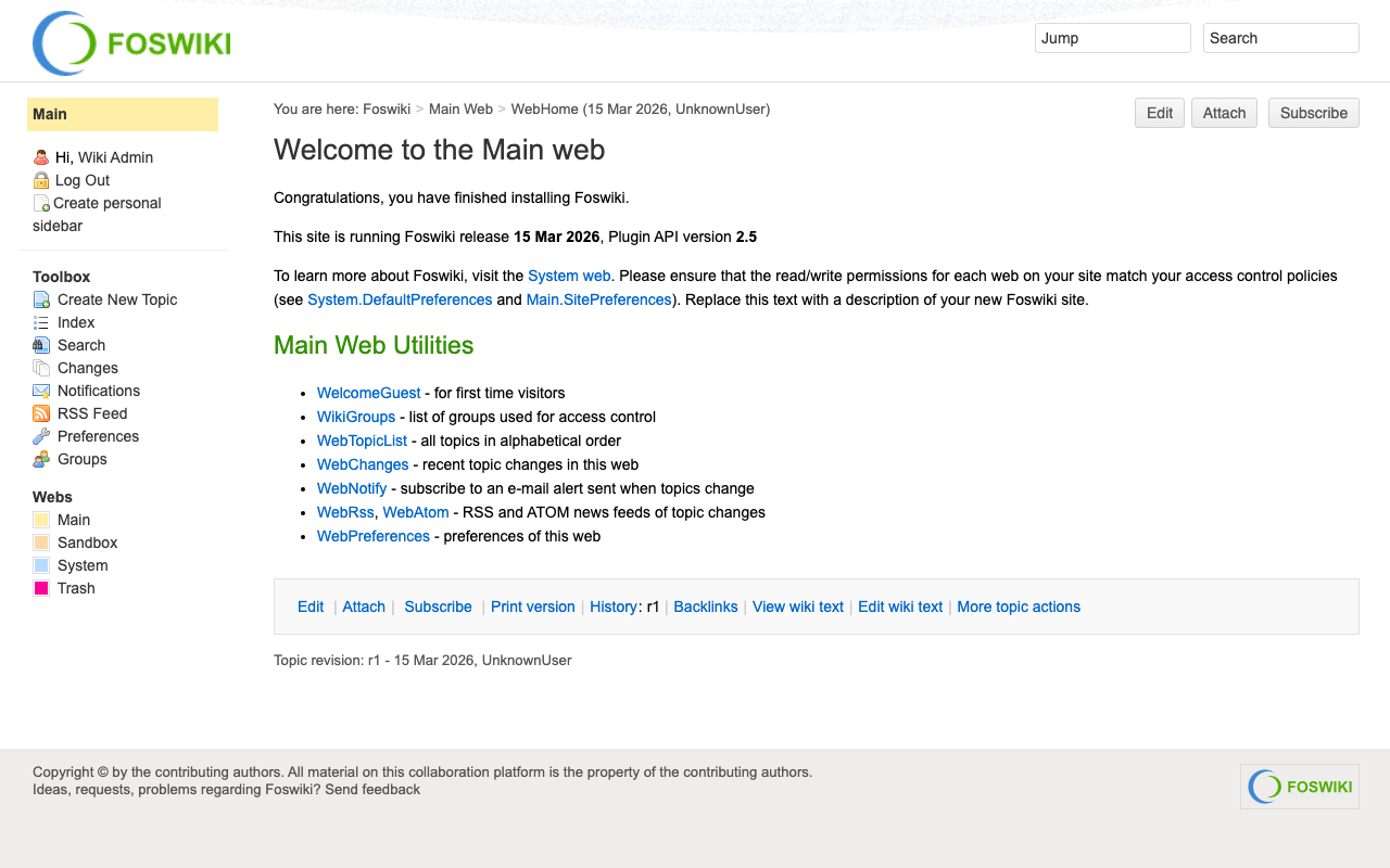 The Foswiki Main web home page with WikiAdmin signed in