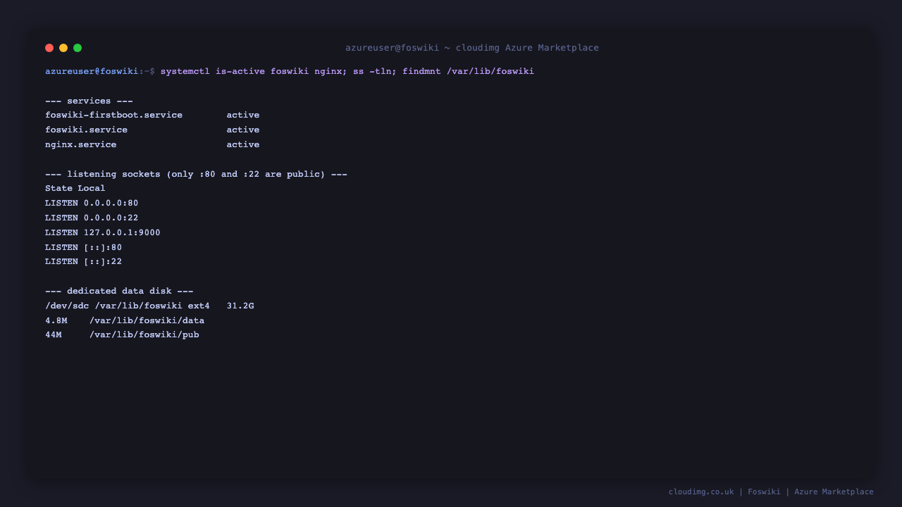 Foswiki services active, only port 80 public, and the dedicated data disk mounted at /var/lib/foswiki