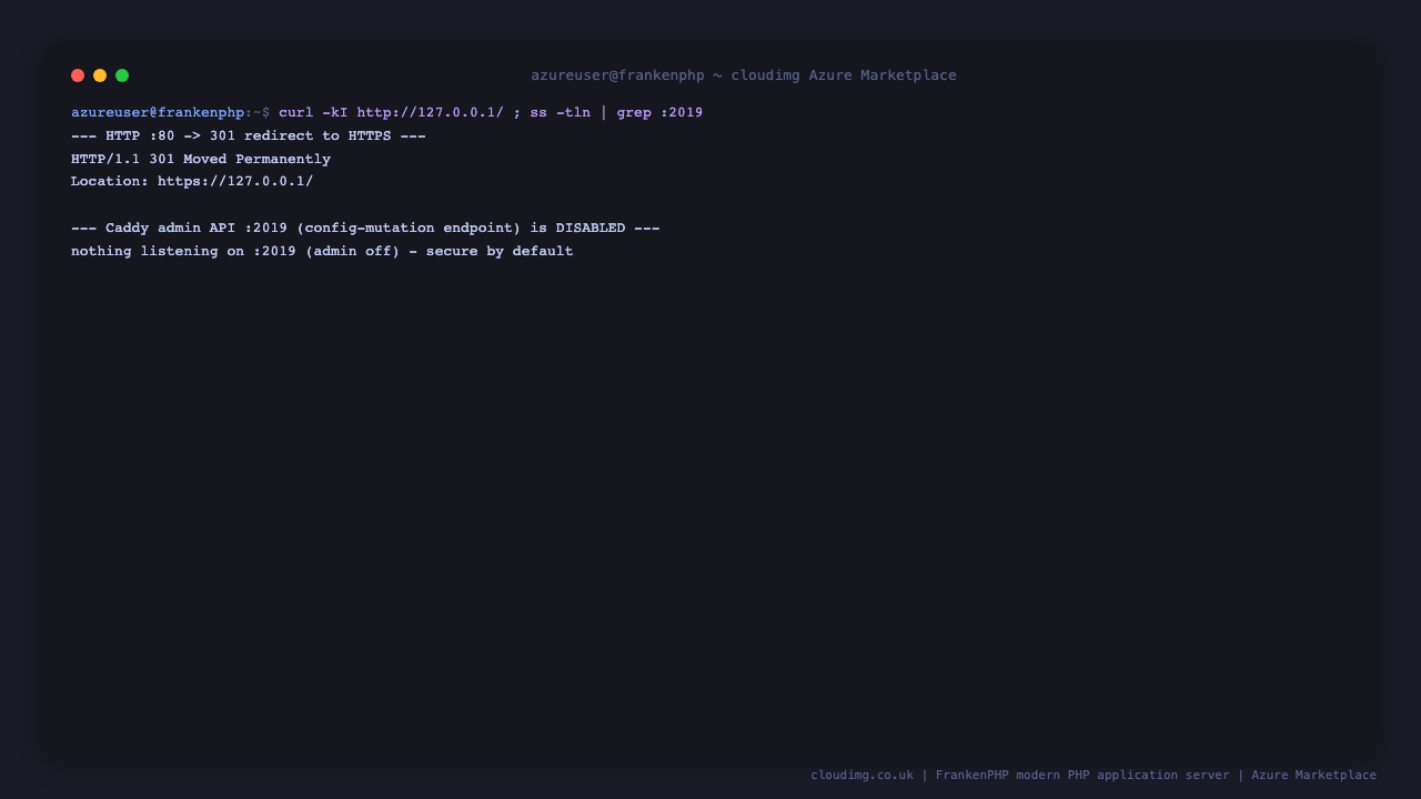 the curl command against port 80 returns HTTP 301 Moved Permanently with a Location header pointing to the HTTPS URL, and the ss command confirms nothing is listening on port 2019 because the Caddy admin API is disabled, so the image is secure by default