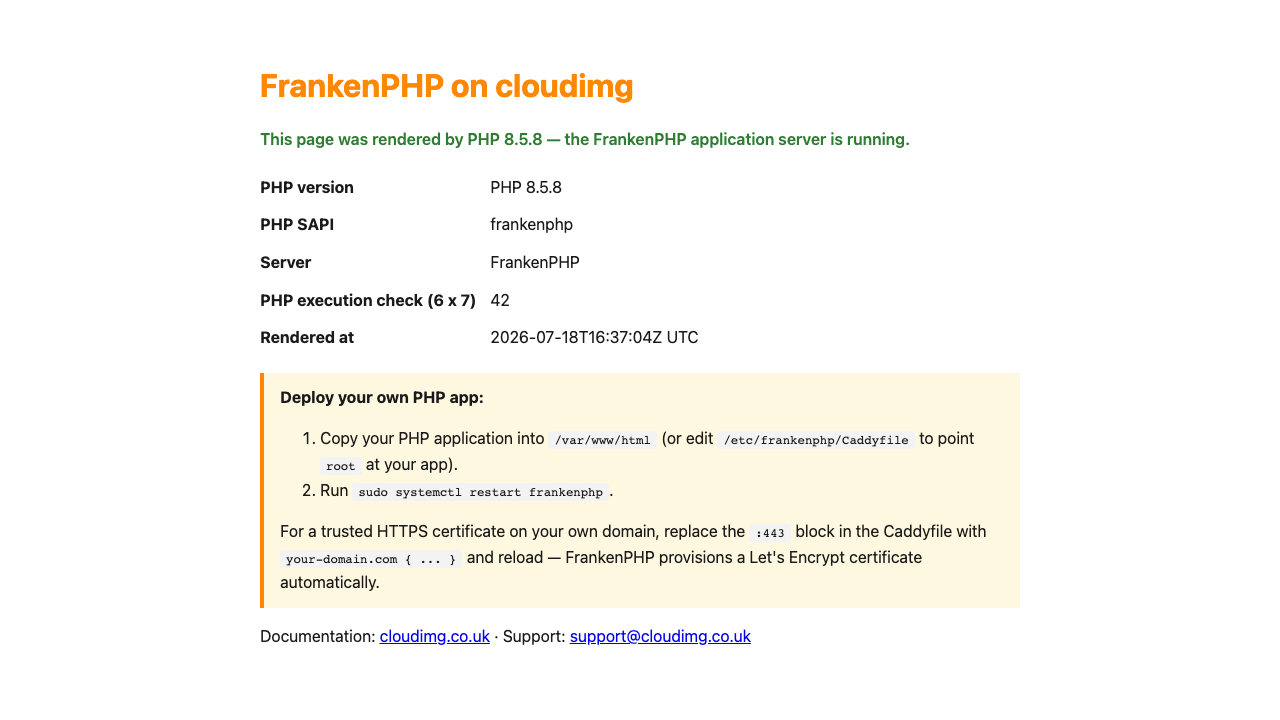 a web browser showing the demo FrankenPHP landing page served over HTTPS, headed FrankenPHP on cloudimg, confirming the page was rendered by PHP 8.5.8 with a table of the PHP version, SAPI frankenphp, server FrankenPHP and the six times seven execution check equal to 42, plus quickstart instructions for deploying your own PHP app
