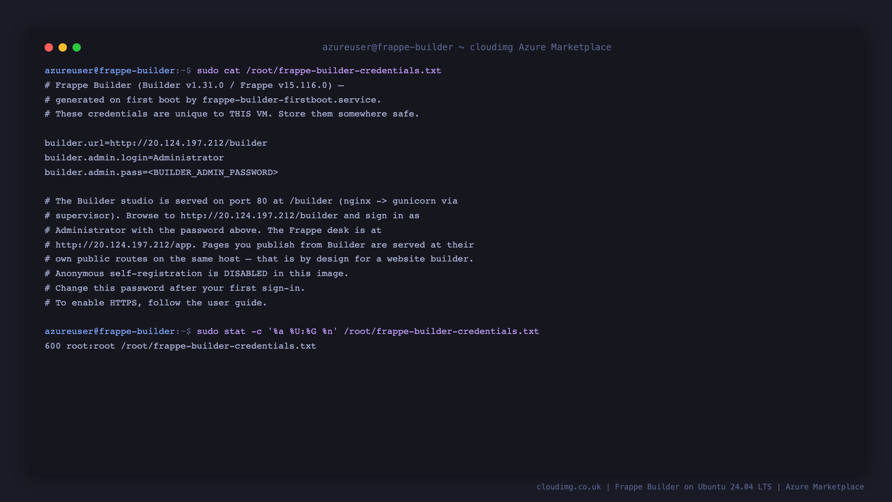 Per-VM Frappe Builder credentials file